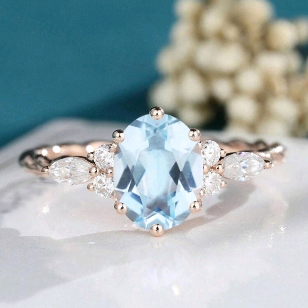NEW light blue gemstone ring with CZ diamonds, rose gold, size 7